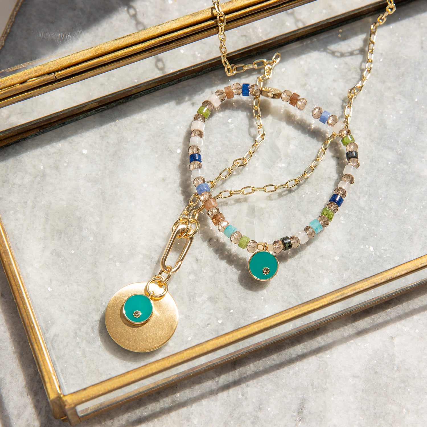 teal double disc pendant necklace