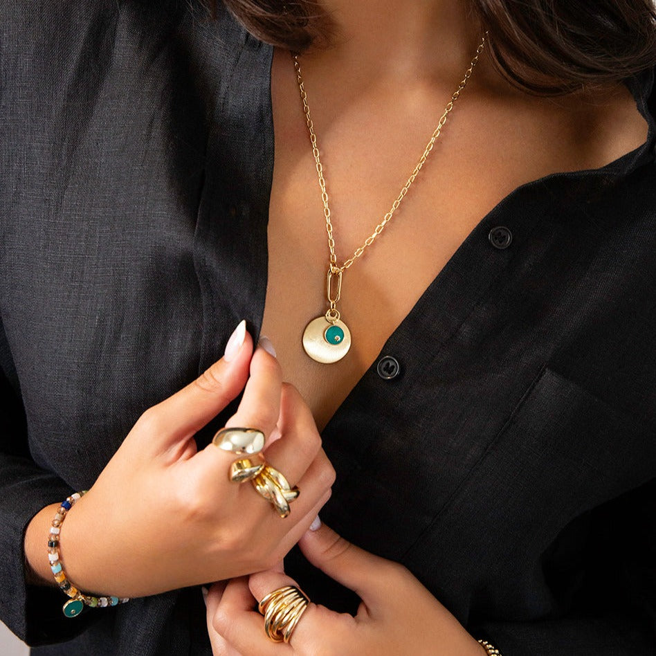 teal double disc pendant necklace