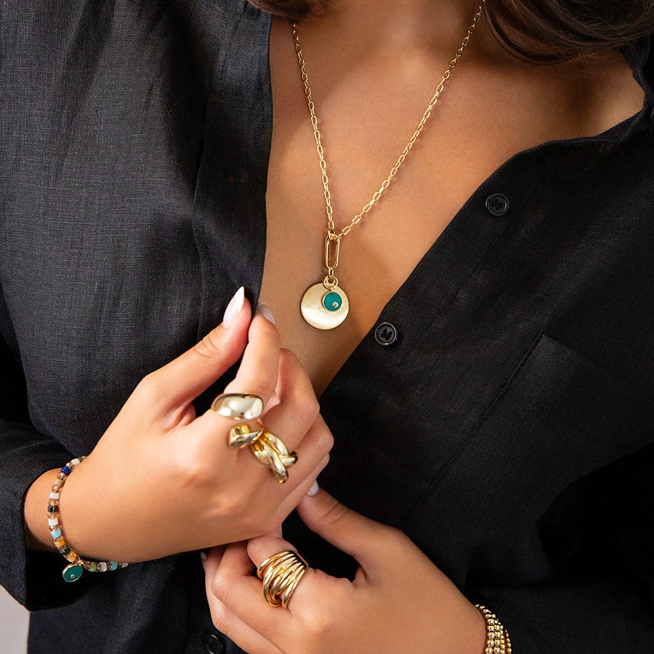 teal disc multi bead stretch bracelet