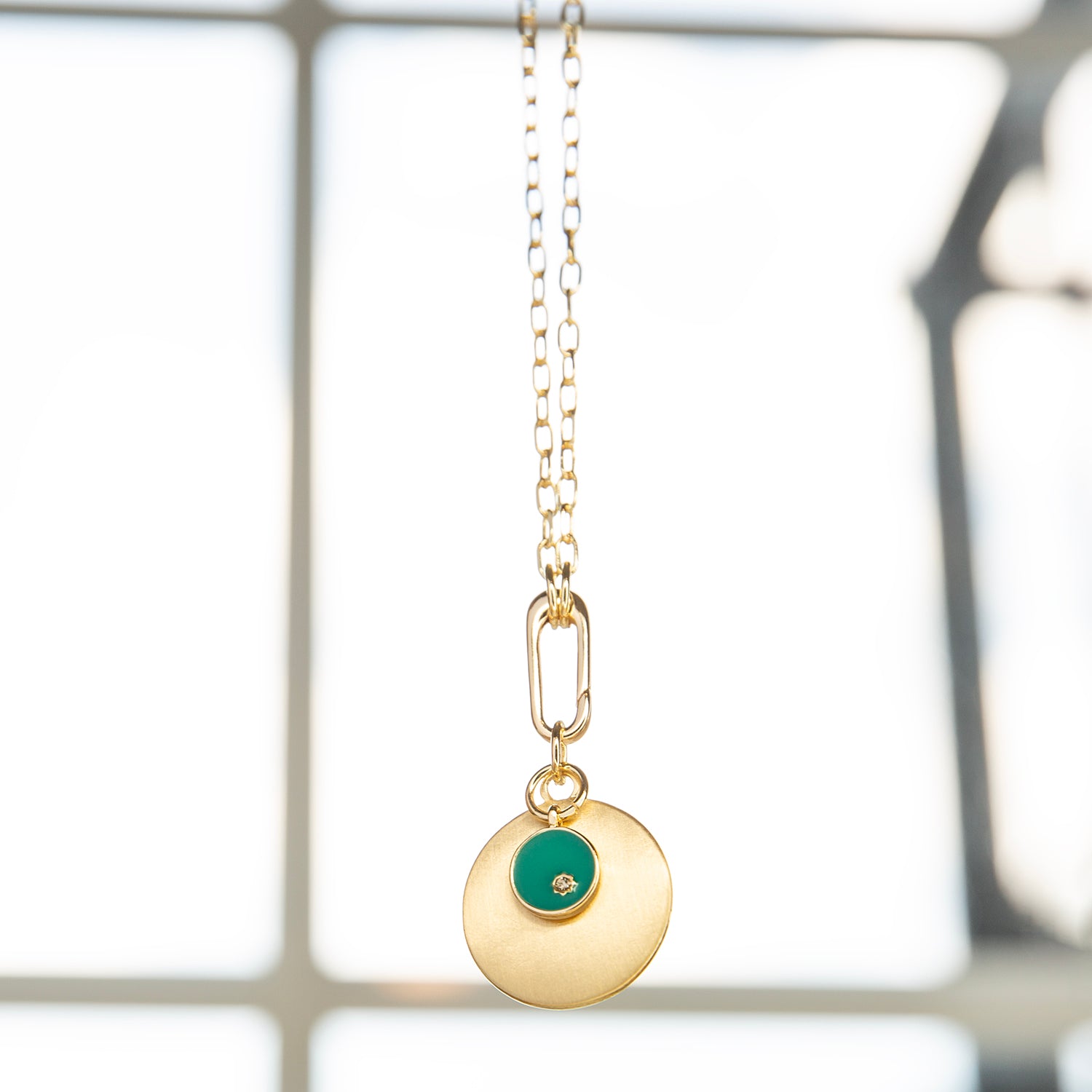 teal double disc pendant necklace
