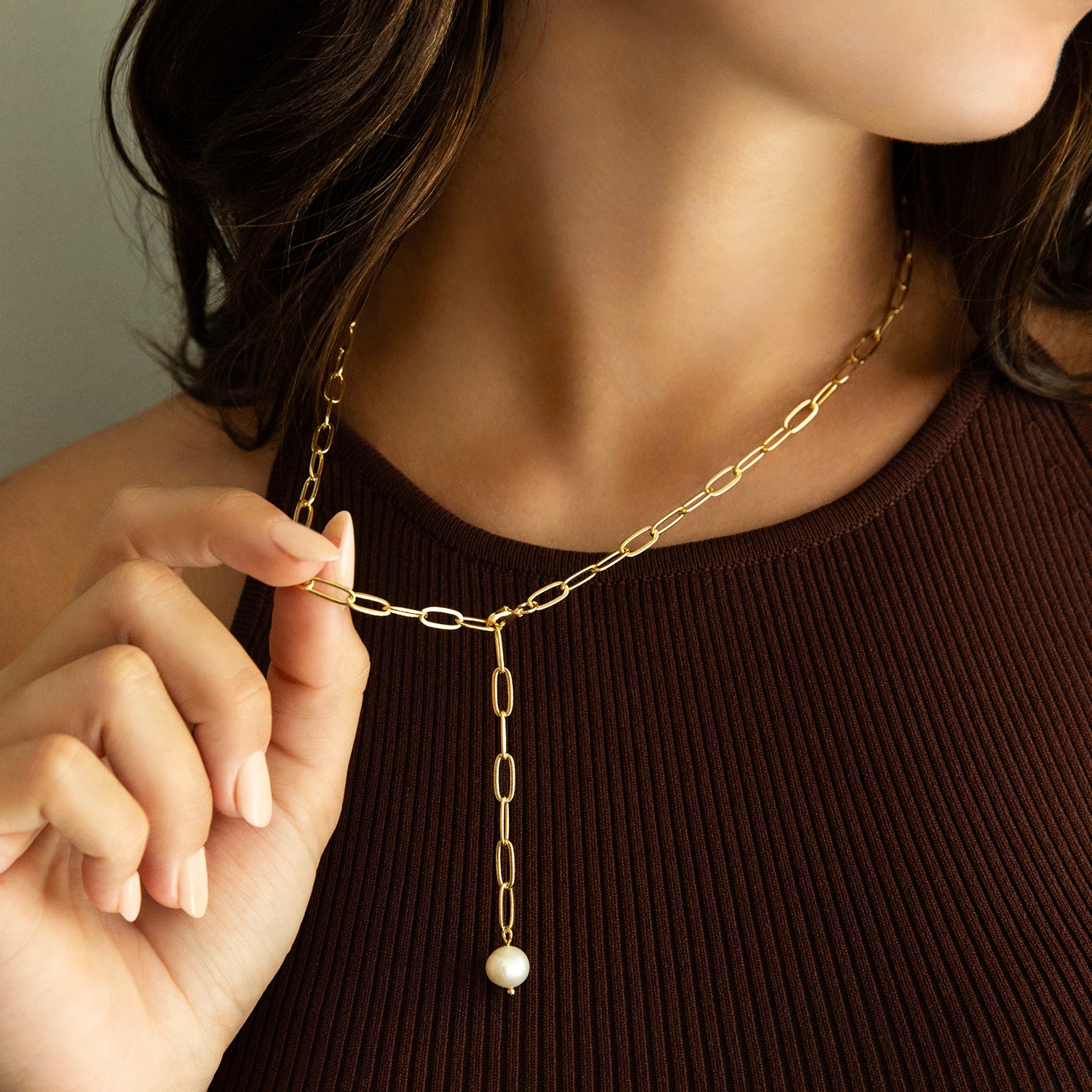 gold plated paperclip bead Y necklace
