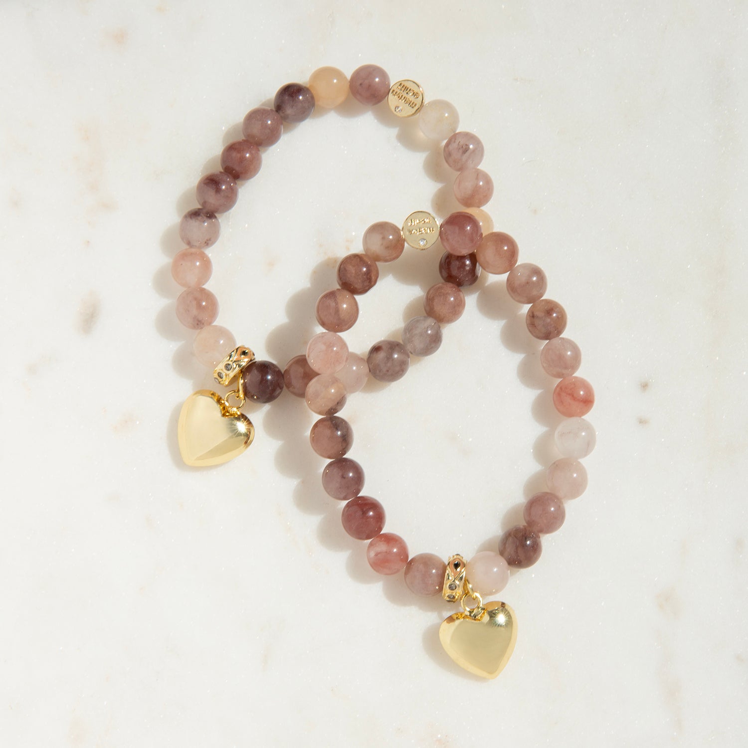 natural stone bracelet with puffed heart charm and pave rondelle