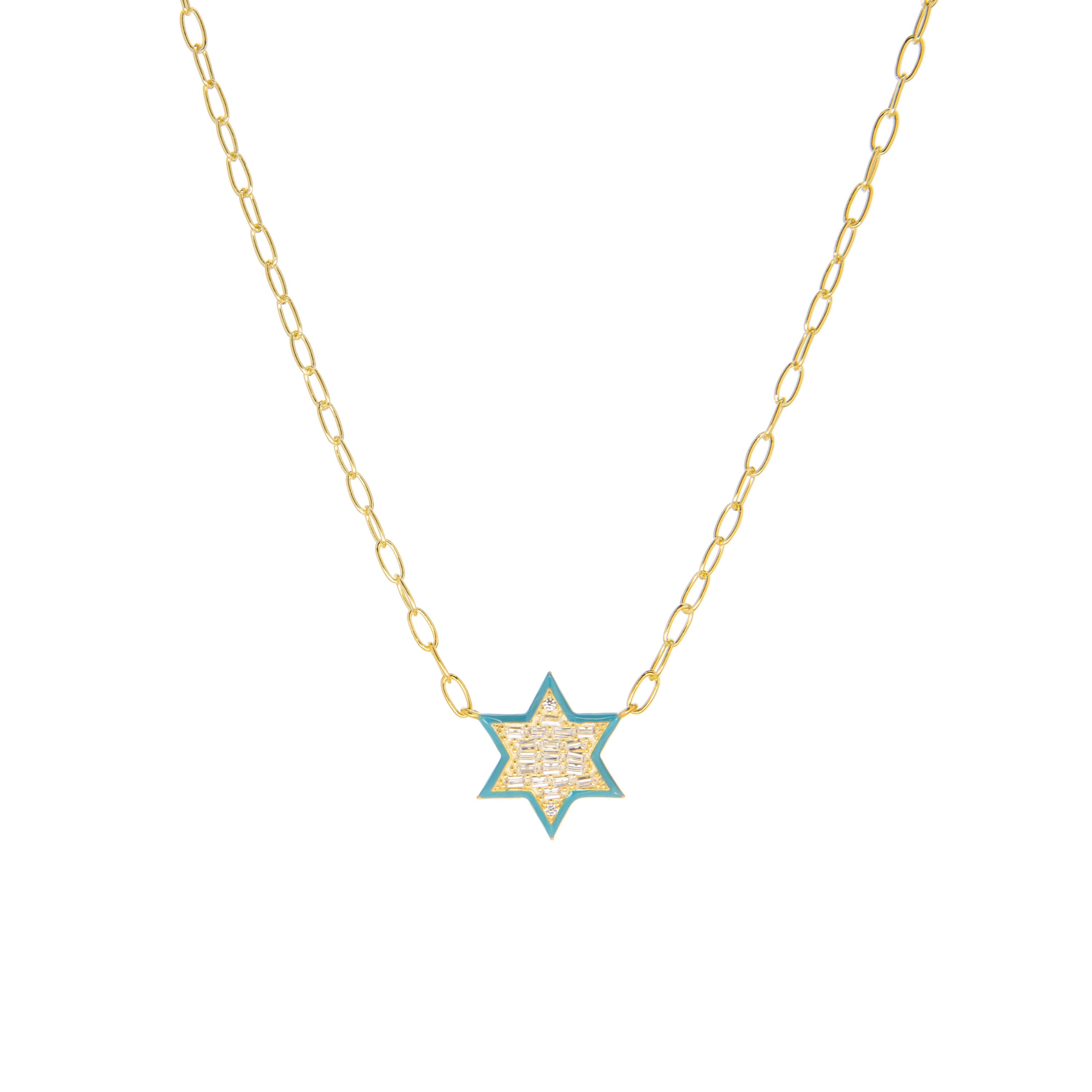 pave bagette and enamel star of david necklace