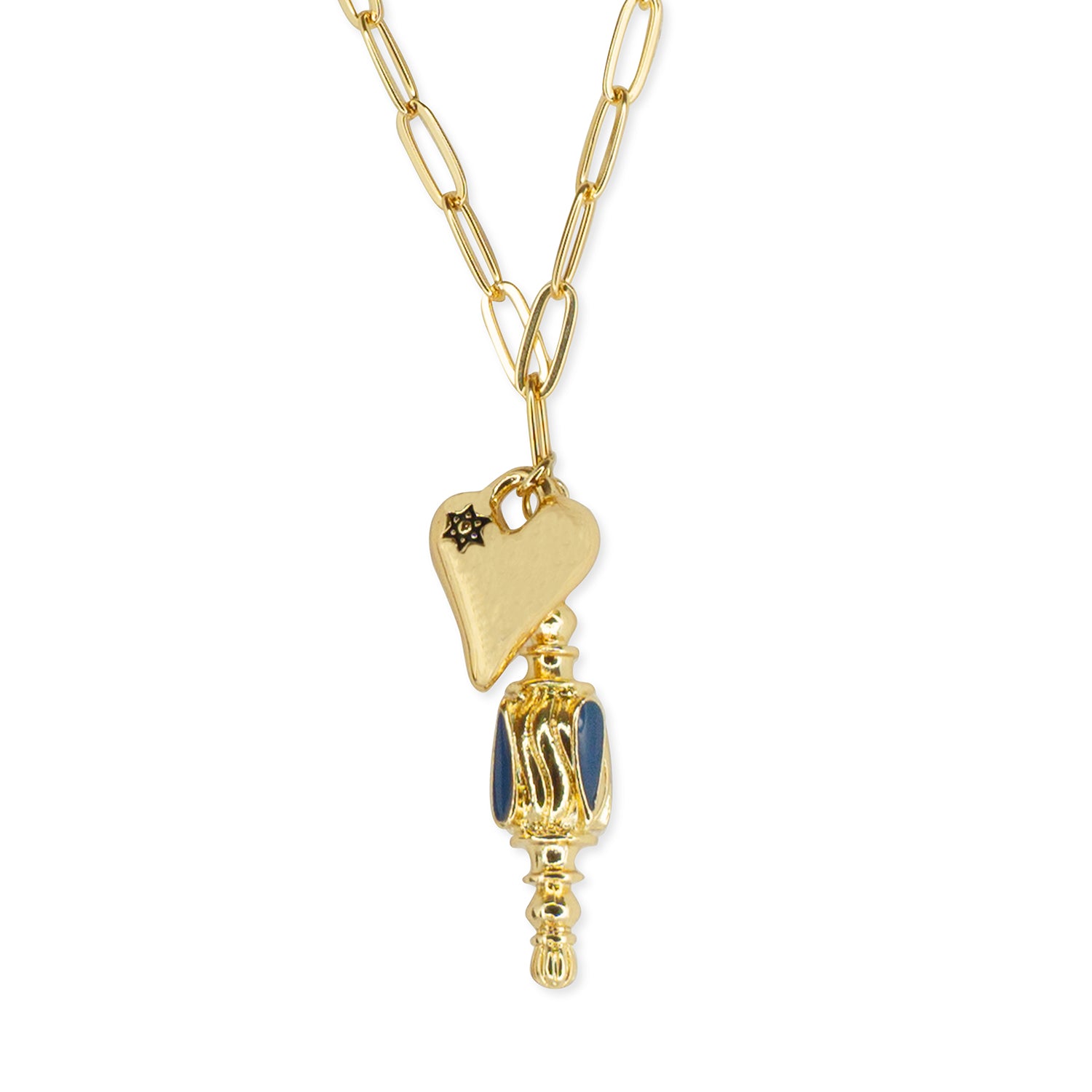link necklace with heart and dreidel charm