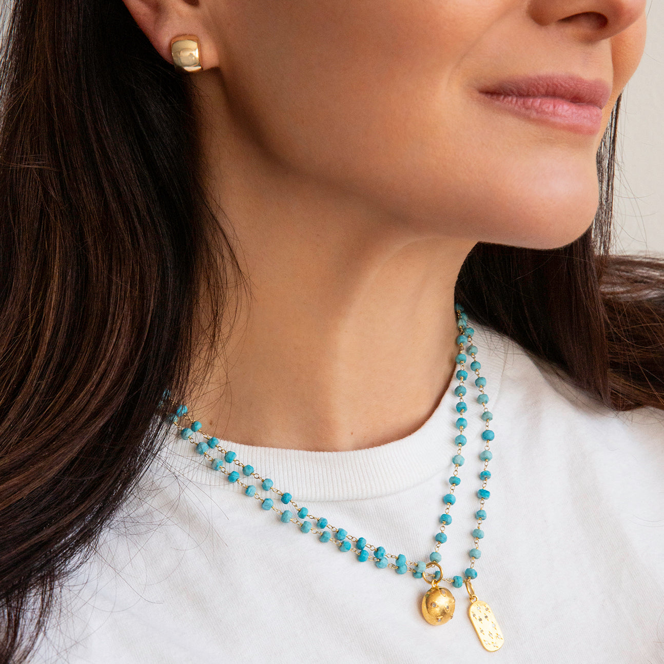 Natural Stone Beaded Necklace with Domed Pendant