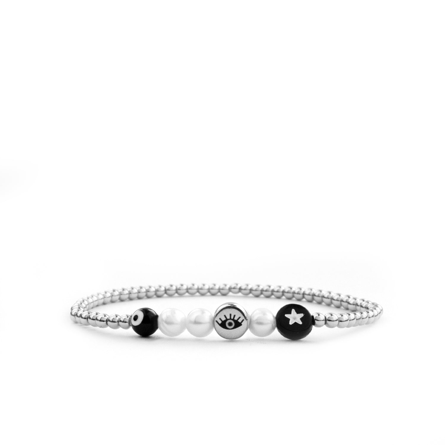 metal beaded pearl & evil eye disc bracelet