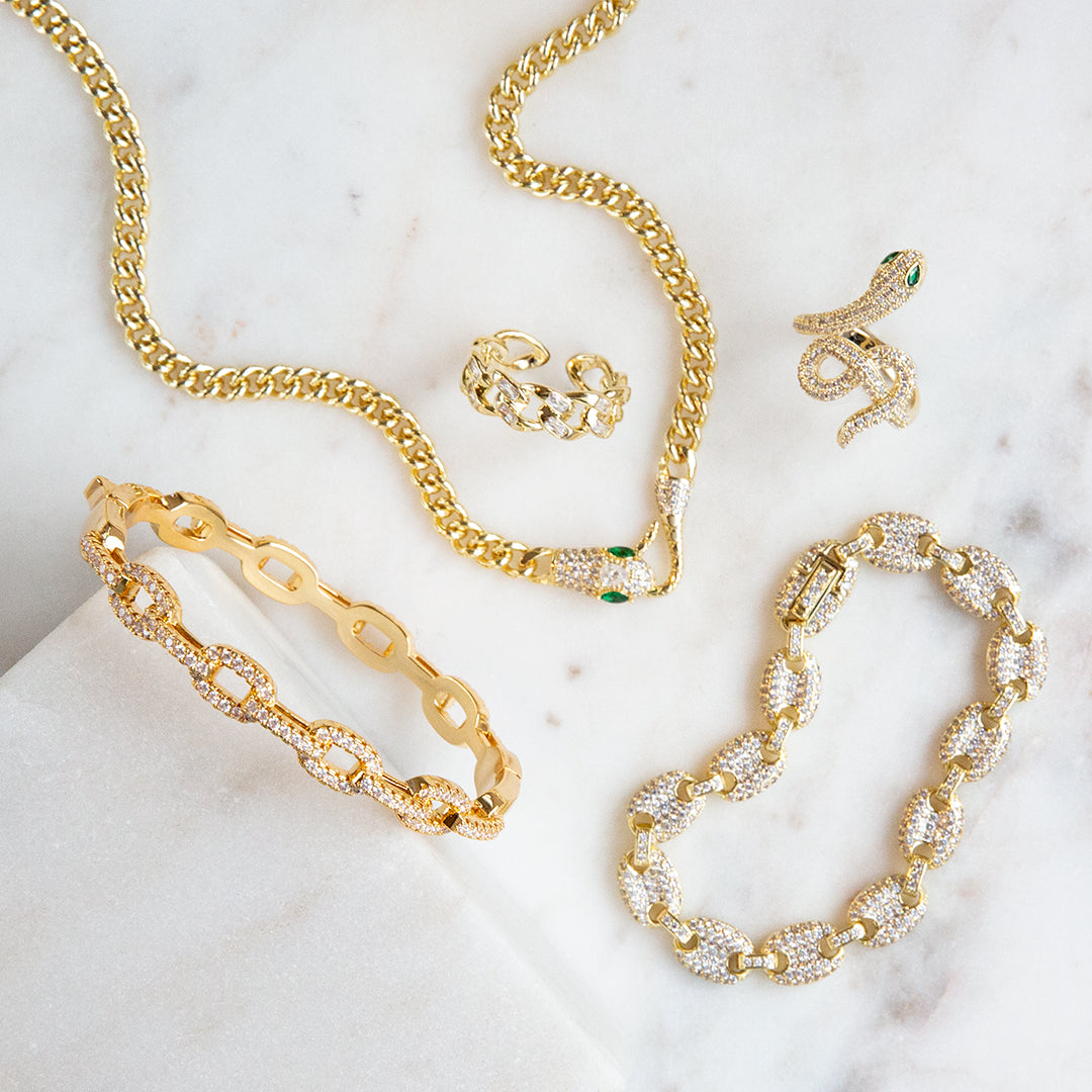 gold plated pave anchor link bracelet