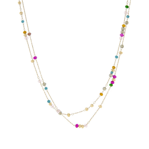 delicate layered necklace with colored crystals