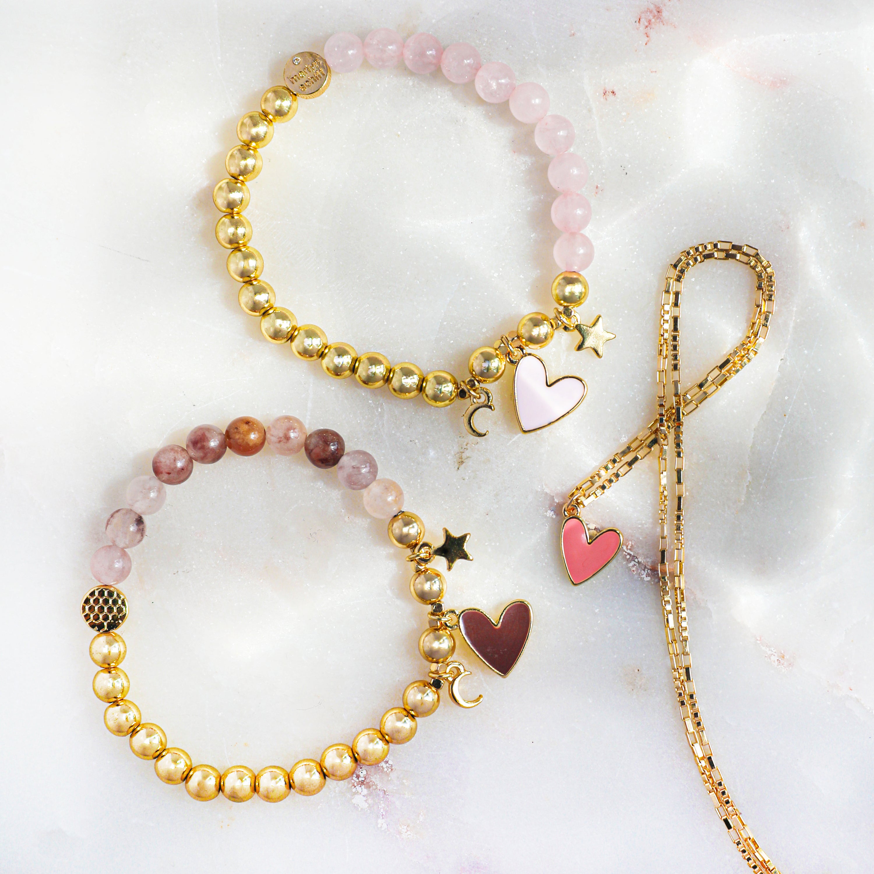 rose quartz enamel heart charm beaded bracelet
