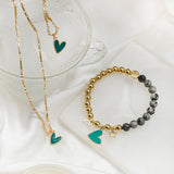 Teal Enamel Heart Charm Beaded Bracelet