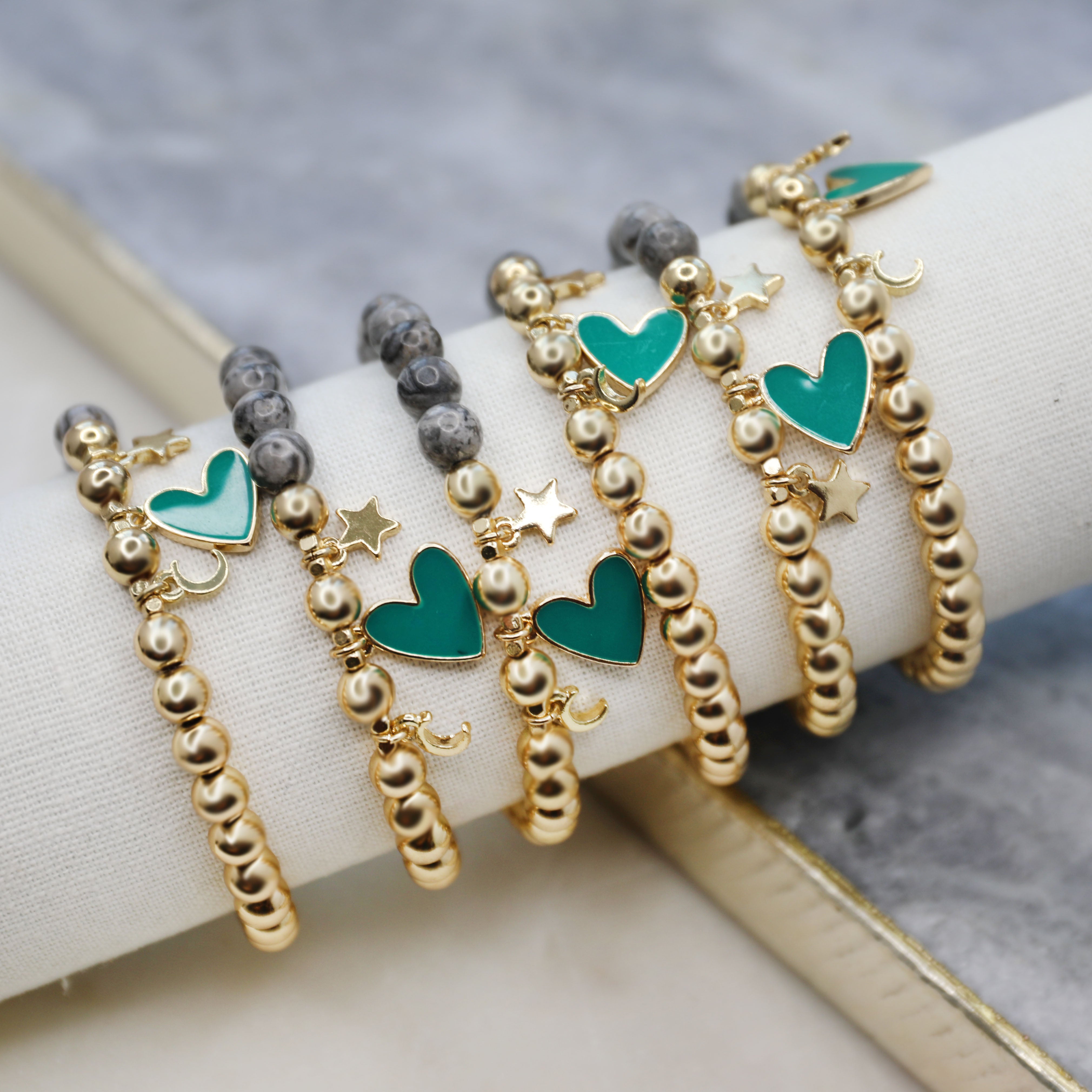Teal Enamel Heart Charm Beaded Bracelet