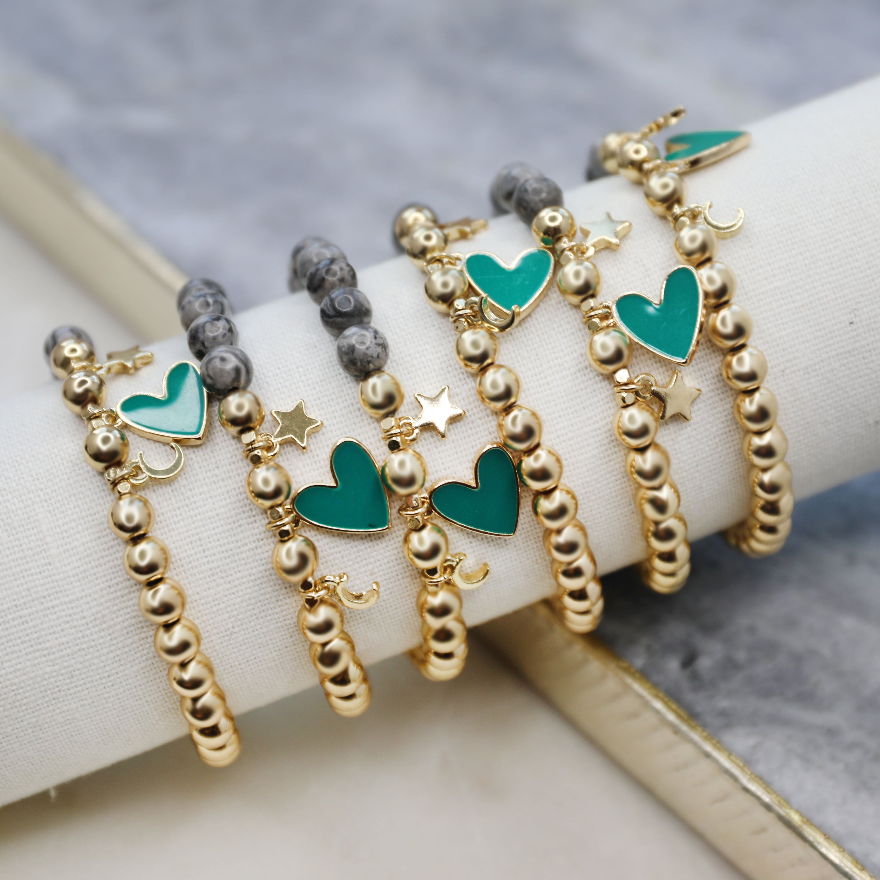 teal enamel heart charm beaded bracelet – Marlyn Schiff, LLC