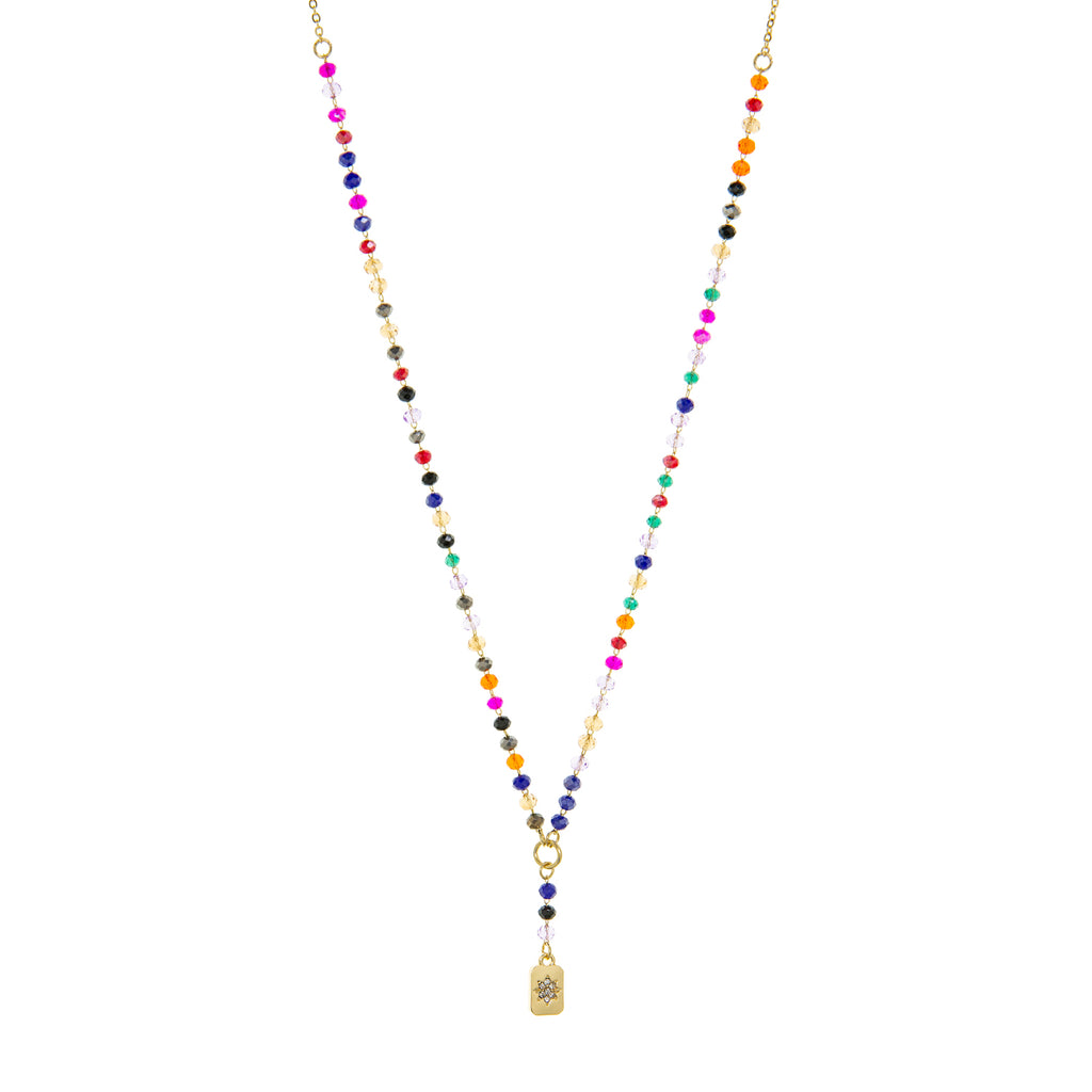 crystal beaded Y necklace with starburst pendant