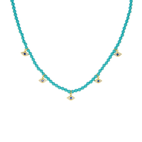 gold plated beaded choker with evil eye charms