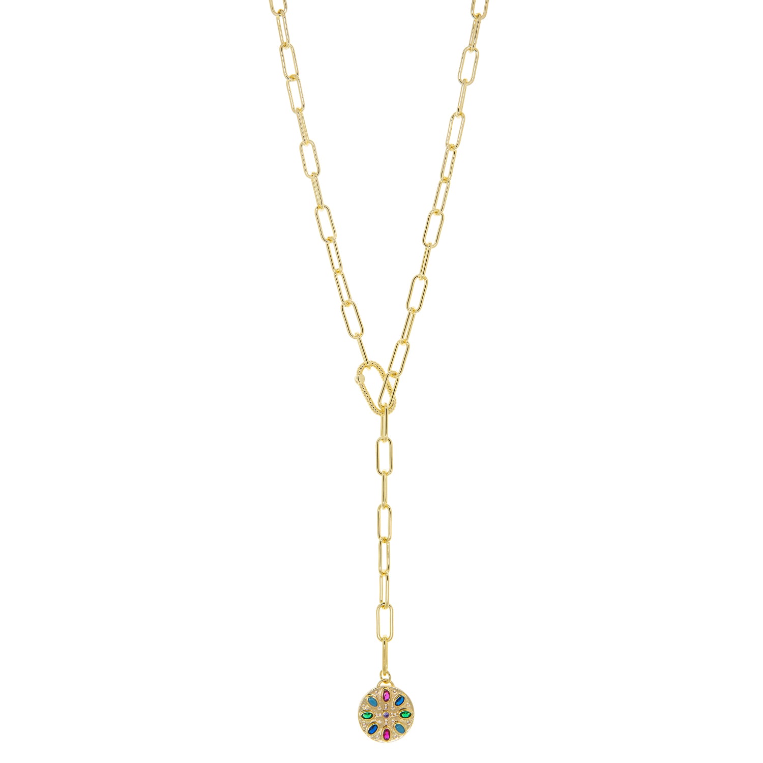gold plated paperclip "Y" necklace with colored flower pendant