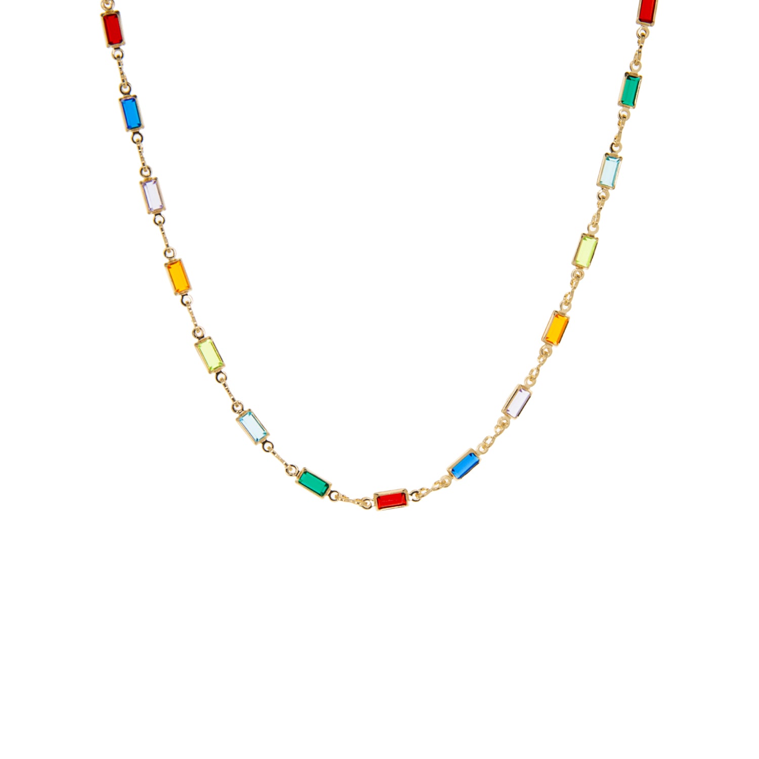 gold plated small rainbow baguette crystal necklace